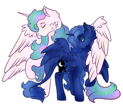 Size: 1024x874 | Tagged: safe, artist:bewarethemusicman, princess celestia, princess luna, alicorn, classical unicorn, pony, unicorn, g4, eyes closed, freckles, horn, hug, leonine tail, looking at you, simple background, white background, winghug, wings