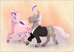 Size: 1252x877 | Tagged: safe, artist:thiscrispykat, doctor whooves, time turner, twilight, classical unicorn, earth pony, pony, unicorn, g1, g4, cloven hooves, crossover, doctor who, duo, female, first doctor, horn, leonine tail, male, mare, ponified, stallion, the doctor, unshorn fetlocks, william hartnell