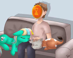 Size: 1024x820 | Tagged: safe, artist:ratlovera, oc, oc only, oc:solar sands, oc:twinkle sprinkle dinkle, human, original species, pony, couch, cowcat, female, mare, mask, trio