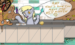 Size: 800x479 | Tagged: safe, artist:wag-tail, derpy hooves, pegasus, pony, g4, bowl, female, food, kitchen, mare, mess, mixing bowl, muffin, solo