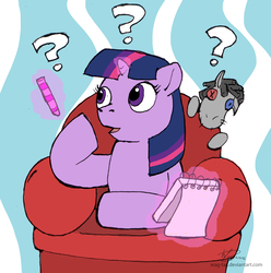 Size: 1200x1208 | Tagged: safe, artist:wag-tail, smarty pants, twilight sparkle, pony, unicorn, g4, armchair, blue's clues, chair, crayon, female, filly, filly twilight sparkle, glowing horn, horn, notebook, question mark, thinking, thinking chair, younger