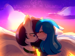 Size: 1024x768 | Tagged: safe, artist:marisdoodles, oc, oc only, pegasus, pony, blushing, duo, female, lesbian, mare, oc x oc, shipping, valentine's day