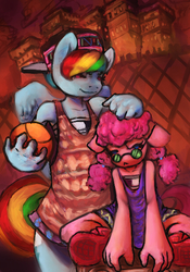 Size: 431x616 | Tagged: safe, artist:bradfordsenial, pinkie pie, rainbow dash, anthro, g4, basketball, duo