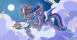 Size: 6000x3149 | Tagged: safe, artist:xwhitedreamsx, oc, oc only, bat pony, pony, absurd resolution, blushing, cloud, commission, female, full moon, lesbian, looking at each other, mare, moon, night, oc x oc, shipping, shooting star, smiling