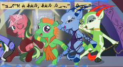 Size: 782x432 | Tagged: safe, edit, oc, oc only, pony, tapir, unicorn, alien language, backup dancers, chains, clothes, collar, comic, cropped, greeata jendowanian, group, han solo, jabba's palace, lyn me, max rebo band, oola, quartet, rystáll sant, sex slave, singing, slave, star mares, star wars, topi, trio