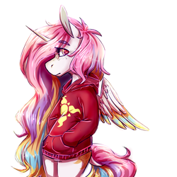 Size: 2000x2000 | Tagged: safe, artist:eggoatt, princess celestia, alicorn, pony, semi-anthro, g4, clothes, colored wings, colored wingtips, female, filly, freckles, hand in pocket, high res, hoodie, pink-mane celestia, simple background, solo, teenager, white background