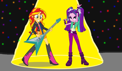 Size: 1500x882 | Tagged: safe, artist:ktd1993, aria blaze, sunset shimmer, equestria girls, g4, bracelet, clothes, electric guitar, female, flying v, guitar, jacket, leather jacket, lesbian, microphone, musical instrument, shipping, stage, sunblaze, sunset shredder