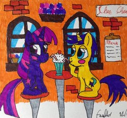 Size: 927x862 | Tagged: safe, artist:frollo7797, comet tail, twilight sparkle, g4, drawing, female, male, ship:cometlight, shipping, straight, traditional art