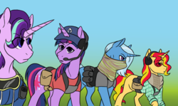Size: 1003x596 | Tagged: safe, artist:phobicalbino, starlight glimmer, sunset shimmer, trixie, twilight sparkle, alicorn, pony, unicorn, g4, bandana, belt, clothes, counterparts, crossover, female, ghost recon, ghost recon wildlands, goggles, hat, headphones, headset, magical quartet, pouch, twilight sparkle (alicorn), twilight's counterparts, ubisoft, walkie talkie