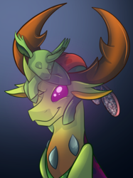 Size: 2048x2732 | Tagged: safe, artist:percy-mcmurphy, thorax, oc, oc:apex (kolb), changedling, changeling, nymph, fanfic:the king of love bugs, g4, apex riding thorax, changedling oc, changeling oc, changelings riding changelings, commission, commissioner:navelcolt, cute, duo, eyes closed, fanfic, fanfic art, floppy ears, glowing eyes, gradient background, high res, king thorax, looking up, one eye closed, papa thorax, pony hat, riding, sleeping, smiling, snuggling, thorabetes