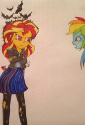Size: 412x604 | Tagged: safe, artist:5341456, rainbow dash, sunset shimmer, vampire, equestria girls, g4, clothes, open mouth, red eyes, traditional art