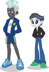 Size: 1009x1464 | Tagged: safe, artist:punzil504, rumble, thunderlane, equestria girls, g4, brothers, clothes, duo, ear piercing, earring, equestria girls-ified, hoodie, jacket, jewelry, male, open mouth, pants, piercing, shoes, shorts, simple background, smiling, sneakers, sweater, transparent background