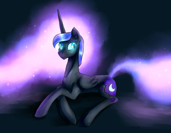 Size: 1744x1360 | Tagged: safe, artist:not-ordinary-pony, nightmare moon, alicorn, pony, g4, female, glowing eyes, looking back, mare, missing accessory, prone, solo