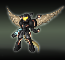 Size: 2861x2630 | Tagged: dead source, safe, artist:php35, pony, arm cannon, armor, bipedal, commission, high res, metroid, phazon, ponified, solo, spread wings, weapon, wings
