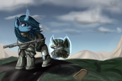 Size: 3000x2000 | Tagged: dead source, safe, artist:php35, oc, oc only, pony, unicorn, fallout equestria, armor, commission, gun, helmet, high res, magic, mountain, power armor, rifle, solo, telekinesis, weapon