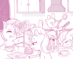 Size: 1280x1024 | Tagged: safe, artist:raph13th, spike, starlight glimmer, trixie, twilight sparkle, alicorn, dragon, pony, comic:glim glam and pals, g4, breakfast, cereal, coffee, cooking, fire, food, monochrome, newspaper, pancakes, stool, twilight sparkle (alicorn), twilight's castle