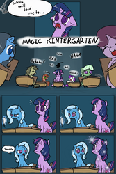Size: 682x1023 | Tagged: safe, artist:valcron, edit, trixie, twilight sparkle, pony, unicorn, g4, lesson zero, classroom, comic, cutie mark, daydream, desk, dialogue, dream, eye contact, eyes closed, female, filly, floppy ears, glare, laughing, literal, looking at each other, magic kindergarten, open mouth, pun, scene interpretation, sitting, sparkles, speech bubble, surprised, teary eyes