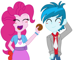Size: 3715x3044 | Tagged: safe, artist:mlprocker123, pinkie pie, thunderbass, equestria girls, g4, blushing, clothes, cookie, eyes closed, female, food, high res, male, necktie, open mouth, pinkiebass, shipping, simple background, smiling, straight, transparent background