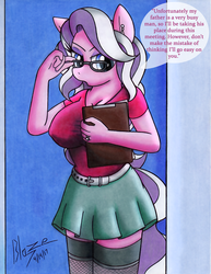 Size: 989x1280 | Tagged: safe, artist:blazelupine, diamond tiara, earth pony, anthro, g4, big breasts, breasts, busty diamond tiara, clipboard, clothes, dialogue, female, fishnet stockings, glasses, older, older diamond tiara, open mouth, signature, skirt, solo, speech bubble, stockings, thigh highs