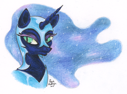 Size: 800x595 | Tagged: safe, artist:melindaington, nightmare moon, g4, bust, colored pencil drawing, female, portrait, simple background, solo, traditional art