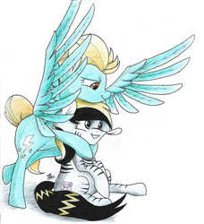 Size: 2550x2802 | Tagged: safe, artist:atomic8497, lightning dust, oc, oc:sly, pony, zebra, g4, high res, spread wings, traditional art, wings