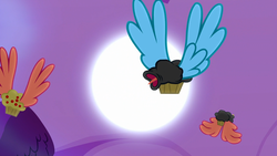 Size: 1920x1080 | Tagged: safe, screencap, duck, pony, do princesses dream of magic sheep, g4, 1080p, flying, food, full moon, honk, moon, muffin, open mouth, tongue out, winged muffin, wings