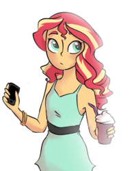 Size: 434x544 | Tagged: safe, artist:jiaquii, sunset shimmer, equestria girls, g4, backlighting, cellphone, clothes, dress, female, milkshake, phone, simple background, solo