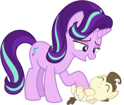 Size: 1196x1017 | Tagged: safe, artist:babyshy, edit, pound cake, starlight glimmer, pony, g4, baby, baby pony, bellyrubs, cute, diaper, eyes closed, foal, grin, lying down, on back, open mouth, show accurate, simple background, smiling, tickling, transparent background, vector