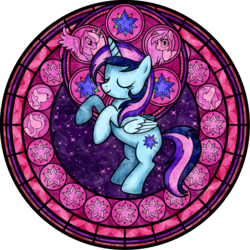 Size: 2100x2100 | Tagged: safe, artist:akili-amethyst, princess luna, oc, oc:brightstar sentry, alicorn, pony, g4, alicorn oc, disney, dive to the heart, eyes closed, female, high res, kingdom hearts, mare, rearing, solo focus, stained glass