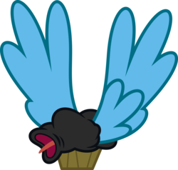 Size: 4304x4096 | Tagged: safe, artist:parclytaxel, duck, do princesses dream of magic sheep, g4, .svg available, abomination, absurd resolution, flying, food, honk, muffin, no pony, not salmon, open mouth, simple background, tongue out, transparent background, vector, wat, winged muffin, wings