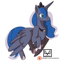 Size: 800x770 | Tagged: safe, artist:supaluilu, princess luna, g4, female, flying, horseshoes, patreon, patreon logo, simple background, solo, transparent background
