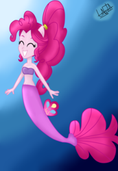 Size: 1000x1450 | Tagged: safe, artist:liniitadash23, pinkie pie, mermaid, equestria girls, g4, my little pony: the movie, alternate hairstyle, bandeau, belly button, clothes, cute, diapinkes, eyes closed, female, fins, mermaid tail, mermaidized, midriff, ponied up, pony ears, seapony pinkie pie, show accurate, smiling, solo, underwater