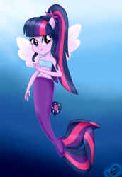 Size: 1000x1450 | Tagged: safe, artist:liniitadash23, sci-twi, twilight sparkle, mermaid, seapony (g4), equestria girls, g4, my little pony: the movie, bandeau, belly button, clothes, female, fin wings, fins, looking at you, mermaid sci-twi, mermaid tail, mermaidized, midriff, ponied up, pony ears, ponytail, seaponified, seapony sci-twi, seapony twilight, show accurate, smiling, solo, species swap, underwater, wings