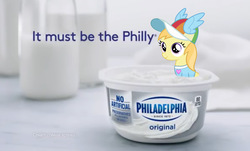 Size: 1883x1138 | Tagged: safe, artist:lumorn, edit, noi, g4, the mysterious mare do well, advertisement, clothes, cream cheese, cute, fangirl, female, filly, funny, hat, heart, irl, meme, noiabetes, philadelphia, photo, pun, rainbow dash fanclub, shirt, sitting, smiling, solo, t-shirt, tiny ponies, visual pun, wings