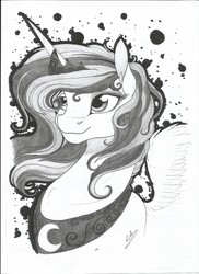 Size: 2550x3506 | Tagged: safe, artist:lupiarts, princess luna, g4, bust, female, grayscale, high res, monochrome, portrait, simple background, solo, traditional art