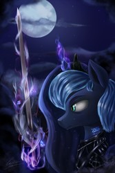 Size: 3960x5940 | Tagged: safe, artist:cattle32, princess luna, alicorn, butterfly, pony, g4, absurd resolution, bust, crying, female, magic, moon, night, solo, stars, sword, telekinesis, warrior luna, weapon