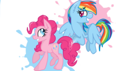 Size: 2047x1154 | Tagged: safe, artist:sweetkllrvane, pinkie pie, rainbow dash, pony, g4, flying, raised hoof