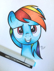 Size: 1024x1365 | Tagged: safe, artist:kimmyartmlp, rainbow dash, pegasus, pony, g4, bust, female, looking at you, mare, marker, marker drawing, portrait, simple background, smiling, solo, traditional art, white background