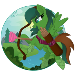 Size: 1969x1969 | Tagged: safe, artist:biskhuit, oc, oc only, oc:windy barebow evergreen, pegasus, pony, bandage, bow (weapon), female, flying, leg wraps, mare, plunger, river, solo