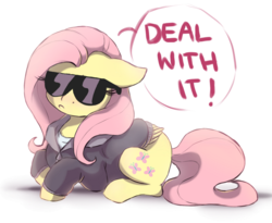 Size: 1100x900 | Tagged: safe, artist:buttersprinkle, fluttershy, pegasus, pony, g4, clothes, cropped, cute, deal with it, female, folded wings, hoodie, prone, shyabetes, solo, sunglasses