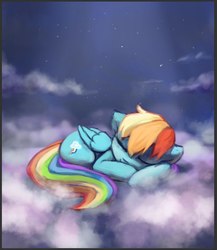 Size: 695x799 | Tagged: safe, artist:inowiseei, rainbow dash, pony, cloud, cute, dashabetes, eyes closed, female, folded wings, night, prone, sleeping, solo