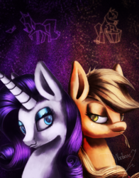 Size: 1021x1300 | Tagged: safe, artist:shivannie, applejack, rarity, g4, bust, constellation, cutie mark, female, lesbian, mouth hold, portrait, ship:rarijack, shipping, side by side, signature