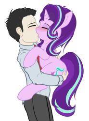 Size: 1600x2168 | Tagged: safe, artist:duop-qoub, starlight glimmer, human, pony, unicorn, g4, blushing, chest fluff, eyes closed, female, hand on butt, holding a pony, human male, human male on mare, human on pony action, interspecies, kissing, male, mare, simple background, straight, white background