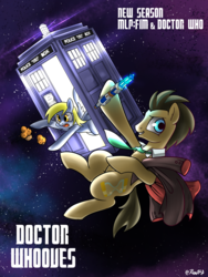 Size: 2100x2800 | Tagged: safe, artist:renokim, derpy hooves, doctor whooves, time turner, earth pony, pony, g4, season 7, clothes, coat, crossover, doctor who, food, high res, muffin, sonic screwdriver, space, tardis, the doctor