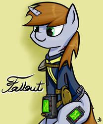 Size: 1417x1700 | Tagged: safe, artist:ruiont, oc, oc only, oc:littlepip, pony, unicorn, fallout equestria, clothes, cutie mark, fallout, fanfic, fanfic art, female, horn, jumpsuit, mare, pipboy, pipbuck, simple background, sitting, solo, vault suit, yellow background
