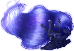 Size: 2375x1650 | Tagged: safe, artist:seriouslygoofy101, princess luna, alicorn, pony, g4, crying, female, floppy ears, flying, galaxy mane, simple background, solo, transparent background, upside down