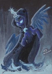 Size: 1978x2793 | Tagged: safe, artist:reptilianbirds, princess luna, spirit of hearth's warming yet to come, g4, acrylic painting, cloak, clothes, female, glowing eyes, glowing horn, horn, magic, snow, solo, traditional art