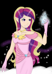 Size: 1600x2263 | Tagged: safe, artist:mdeltar, princess cadance, human, g4, clothes, dress, elf ears, female, gloves, humanized, magic, ring, snow, solo, wedding ring