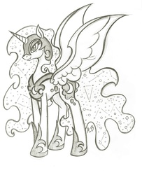 Size: 1671x2056 | Tagged: safe, artist:rossmaniteanzu, nightmare moon, alicorn, pony, g4, armor, female, grayscale, monochrome, pencil drawing, simple background, solo, traditional art, white background