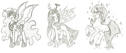 Size: 2614x1102 | Tagged: safe, artist:rossmaniteanzu, king sombra, nightmare moon, queen chrysalis, g4, traditional art, wip